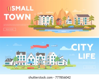 Town and city - set of modern flat vector illustrations with place for text. Two variants of urban landscapes with buildings, playground, people, mountains, hills, church, benches, lanterns, trees