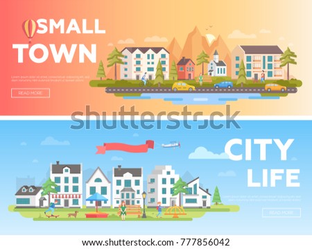 Town and city - set of modern flat vector illustrations with place for text. Two variants of urban landscapes with buildings, playground, people, mountains, hills, church, benches, lanterns, trees
