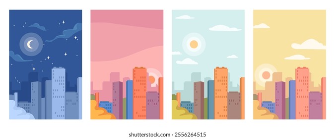 Town or city with skyscrapers during different time a day. Vector in flat style, set of skylines at dawn and dusk, evening and morning, night with stars and moon at sky. Houses and clouds