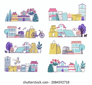 A town, city , small business, life goods, landscapes icons. A set of hand drawn vector illustration