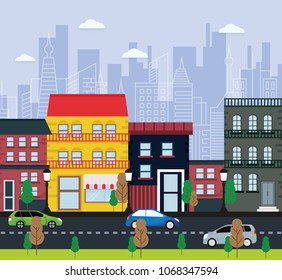 Town city street background in flat style. vector illustration
