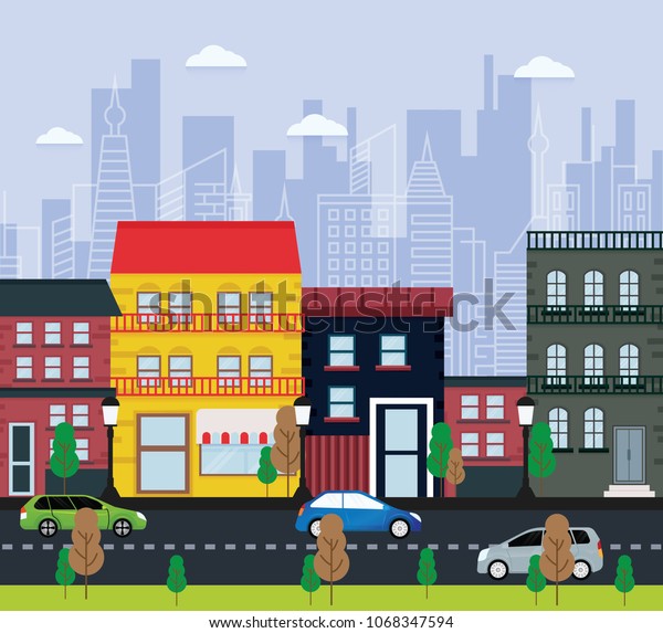 Town city street background in flat style.\
vector illustration
