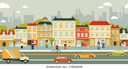 Town city street panoramic cityscape seamless background in flat style