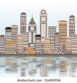 Town City Street with Reflection - Vector Illustration