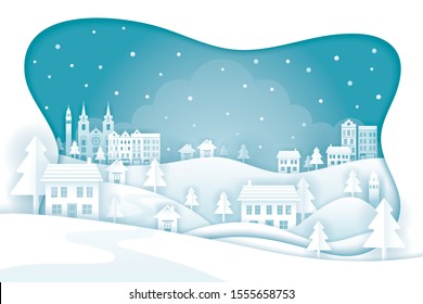 Town or City in Winter Background Frame, Paper Cutting, Origami Style