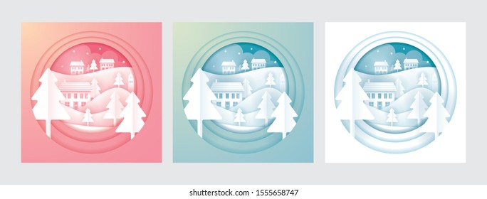 Town or City in Winter Background Label Set, Paper Cutting, Origami Style