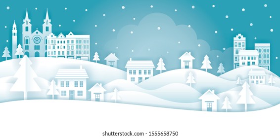 Town or City in Winter Background, Paper Cutting, Origami Style