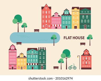 A town with classic European old buildings. flat design style minimal vector illustration.