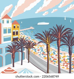 Town with coast of the ocean, hand drawn vector illustration with summer  beach theme