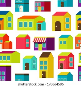 town concept background. Flat Seamless pattern with colorful houses.