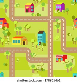 town concept background. Flat Seamless pattern with colorful houses.