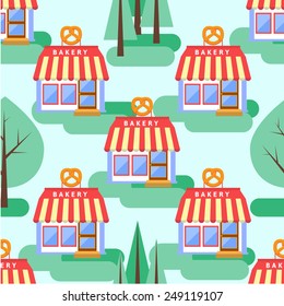 Town concept background. Flat Seamless pattern with colorful houses.