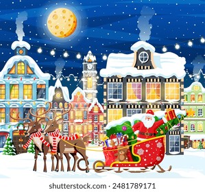 Town Covered Snow. Building in Holiday Ornament. Christmas Landscape, Tree, Santa Sleigh Reindeers. New Year Decoration. Merry Christmas Holiday Xmas Celebration. Vector illustration