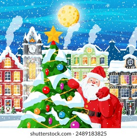 Town Covered Snow. Building in Holiday Ornament. Christmas Landscape, Santa Claus with Tree. New Year Decoration. Merry Christmas Holiday Xmas Celebration. Vector illustration