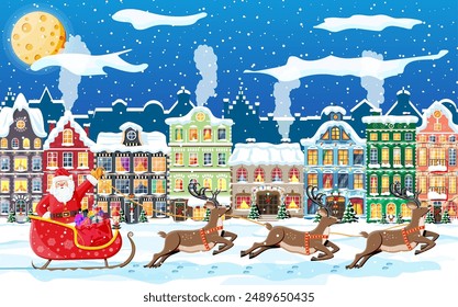 Town Covered Snow. Building in Holiday Ornament. Christmas Landscape, Tree, Santa Sleigh Reindeers. New Year Decoration. Merry Christmas Holiday Xmas Celebration. Vector illustration