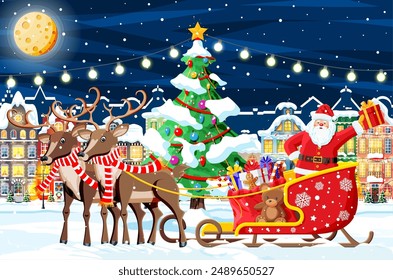 Town Covered Snow. Building in Holiday Ornament. Christmas Landscape, Tree, Santa Sleigh Reindeers. New Year Decoration. Merry Christmas Holiday Xmas Celebration. Vector illustration