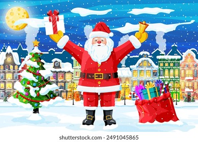 Town Covered Snow. Building in Holiday Ornament. Christmas Landscape, Santa Claus with Tree. New Year Decoration. Merry Christmas Holiday Xmas Celebration. Vector illustration