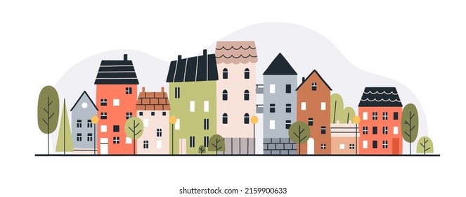 Town with cute houses, buildings exterior. Cozy city in Scandinavian style. Cityscape with sweet homes. Urban street with Scandi architecture. Flat vector illustration isolated on white background