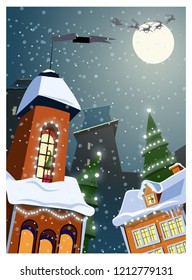 Town decorated with lights in winter vector illustration. Santa Claus and deers flying in sky. Christmas concept