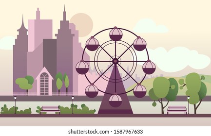 Town. Decorative city landscape. Recreation park. Megapolis on the horizon. Flat vector image.