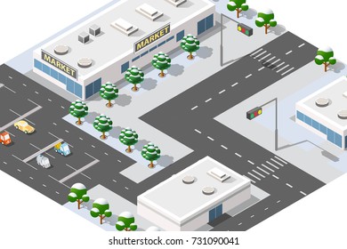 Town district of the city in isometric landscape urban infrastructure of houses, streets and buildings