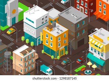 Town district street. Isometric road Intersection. High detail city projection view. Cars end buildings top view. Shop, office and cafe.