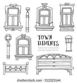 Town elements hand drawn. Sketch with windows, bench, lantern and column. Vector illustration.