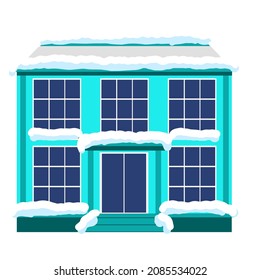 Stadthaus mit Schnee bedeckt. Weihnachtsschneefall in der Stadt. Clip-Art-Dekor