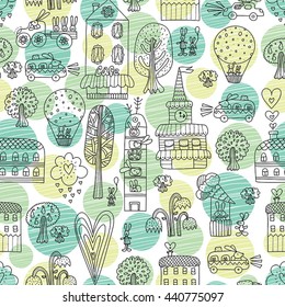 Town fun bunnies. Kids vector seamless pattern. 