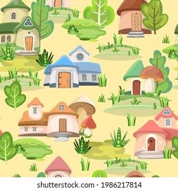 Town of gnomes. Seamless pattern. Fabulous landscape with trees. Hills and forest. Flat cartoon style. Cute picture background for children. Vector