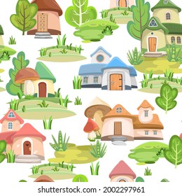 Town of gnomes. Seamless pattern. Isolated. Fabulous landscape with trees. Hills and forest. Flat cartoon style. Cute picture background for children. Vector