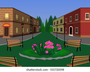 town  green zone background with flowerbed and benches