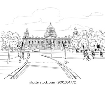 Town Hall Belfast. Ireland. England. United Kingdom. Europe. Hand Drawn Sketch. Vector Illustration.