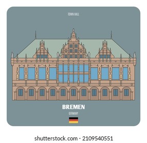 Town Hall in Bremen, Germany. Architectural symbols of European cities. Colorful vector 