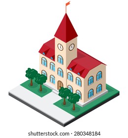 Town Hall Building With Clock On The Tower Surrounded By Lawn With Trees. Isometric Vector For Design Of Various Applications.