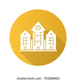 Town hall flat design long shadow glyph icon. Building with clock. School, college, university. Vector silhouette illustration