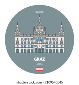 Ayuntamiento de Graz, Austria. Símbolos arquitectónicos de las ciudades europeas. Vector colorido 
