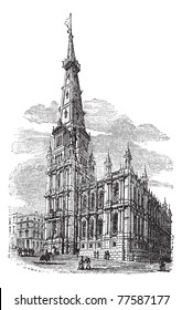 The Town Hall, Halifax, West Yorkshire vintage engraving. Old engraved illustration of town hall at Halifax, 1800s. Trousset Encyclopedia