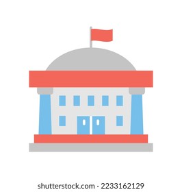 Town Hall icon. Luxurious beautiful building with red flag at top. Sticker for social networks and instant messengers. Modern urban architecture and residence. Cartoon flat vector illustration