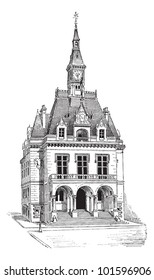 Town Hall at La FertÃ?Â?Ã?Â©-sous-Jouarre in Seine-et-Marne, Ile-de-France, France, during the 19th Century, vintage engraved illustration. Dictionary of Words and Things - Larive and Fleury - 1895