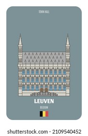 Town Hall in Leuven, Belgium. Architectural symbols of European cities. Colorful vector 