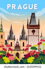 Town Hall and old houses and churches in the background. Prague travel poster. Handmade drawing vector illustraton.