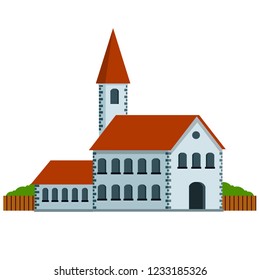 Town hall with a red roof. European old Catholic church. Urban landscape with fence and attractions. Stone bell tower.
