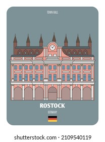 Ayuntamiento de Rostock, Alemania. Símbolos arquitectónicos de las ciudades europeas. Vector colorido 