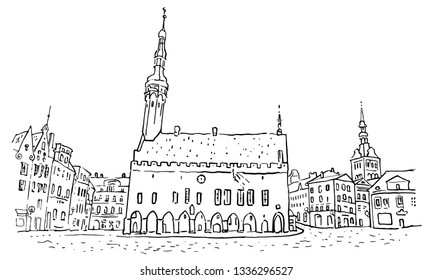 Town Hall Square in Tallinn Old Town. Hand drawn minimalistic sketchy style outline illustration. Historical architecture, St. Nicholas or Niguliste church. Baltic states landmark.