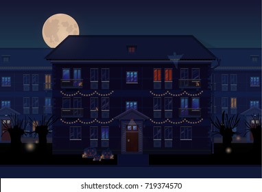 Town at Halloween night. Mistical full moon night. Vector illustration