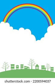 town with a happy image, a simple background illustration of town houses Blue sky, white clouds and a rainbow