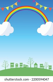 ciudad con una imagen feliz, una simple ilustración de fondo de las casas de la ciudad cielo azul, nubes blancas, un arco iris y una bandera triangular