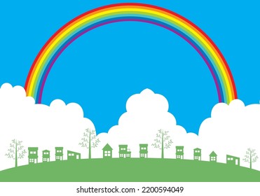 town with a happy image, a simple background illustration of town houses Blue sky, white clouds and a rainbow