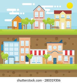 Town in Hill with bright and flat design concept